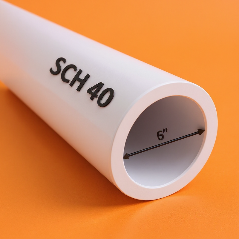 6" Schedule 40 PVC pipe – side view showing smooth white finish and cut-to-length ends for plumbing and irrigation use